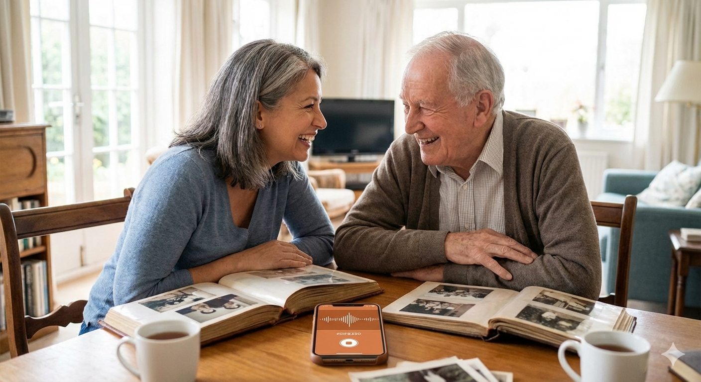 Une femme et son père âgé partagent un moment complice en regardant des albums photos de famille, un téléphone enregistrant leurs souvenirs entre eux